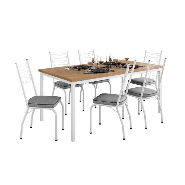 Conjunto De Mesa Retangular Com Tampo De Mdp Amadeirado E 6 Cadeiras Adriana I Revestimento Sintético Platina E Branco