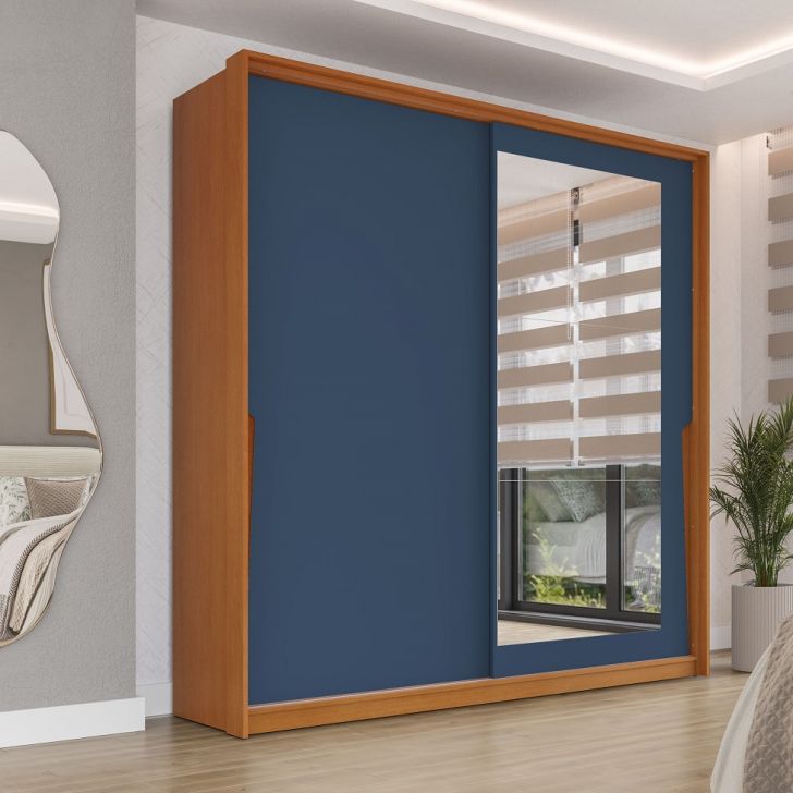 Guarda-roupa Casal Com Espelho Porto 2 Portas 2 Gavetas Freijó E Azul