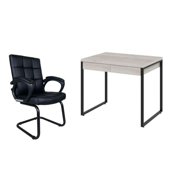 Conjunto de Mesa Kuadra 2 GV Bege com Cadeira de Escritório Interlocutor Fixa Charles Preta