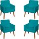 Kit 4 Poltronas Decorativas Para Sala, Escritório, Recepção Beatriz Suede Azul Turquesa Pé Castanho - Clique E Decore