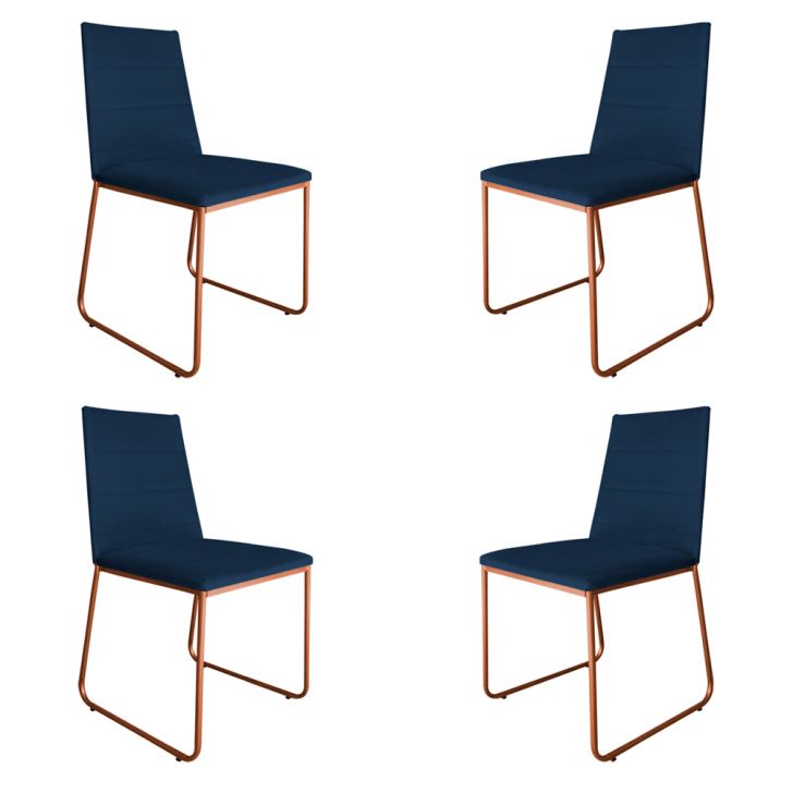 Kit 4 Cadeiras de Jantar Estofada Lille Base Bronze Veludo Azul Marinho - Montanaris Decor