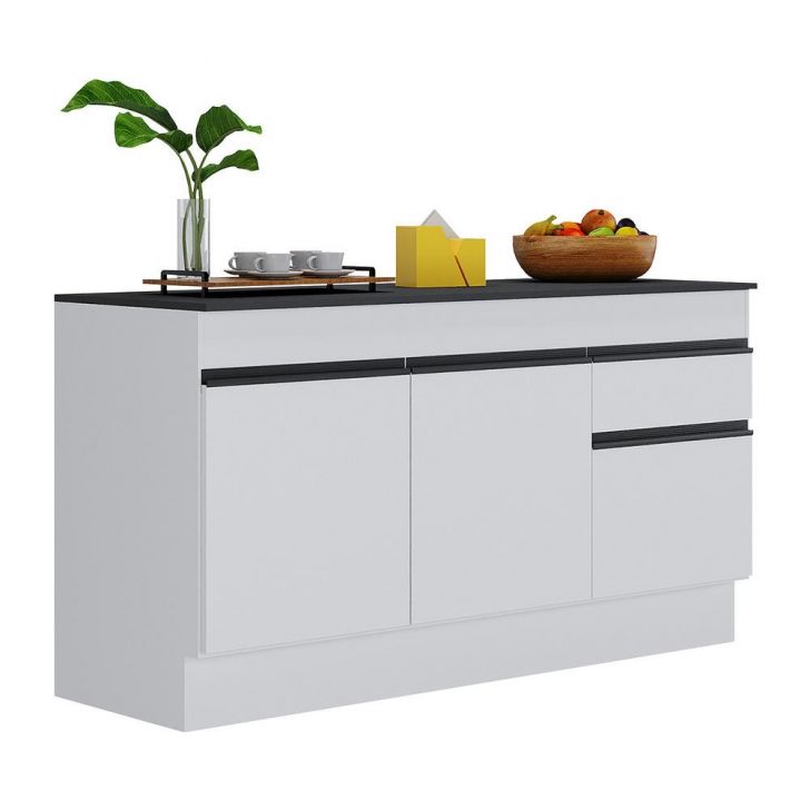 Balcão Cozinha Gabinete Pia 150cm com Rodapé  3 Portas 1 Gaveta Veneza Multimóveis V2107 Branco/Preto