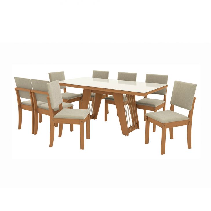 Conjunto De Mesa De Jantar Retangular Com Tampo De Vidro Off White Cinara E 8 Cadeiras Luna Jacquard Bege E Canela