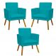 Kit 3 Poltronas Decorativas Para Sala, Manicure, Quarto Nina Com Base Suede Azul Turquesa Pé Castanho - Clique E Decore