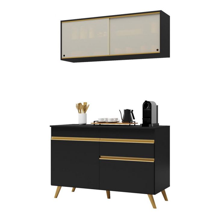 Armário de Cozinha Compacta 120cm Veneza Multimóveis V3688 Preto/Dourado