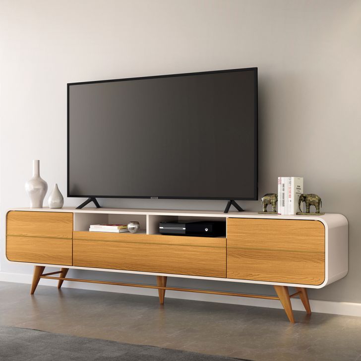 Bancada Época para TV até 85 Polegadas com Pés em Madeira Off White/Cinamomo G26 - Hb Móveis