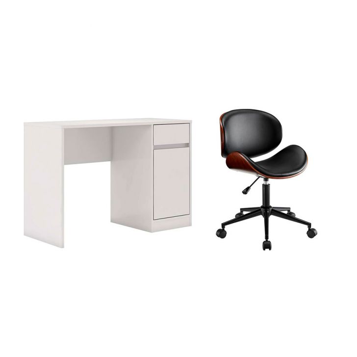 Conjunto de Mesa Morada 1 PT 1 GV Branca com Cadeira de Escritório Diretor Giratória Bergen Preta