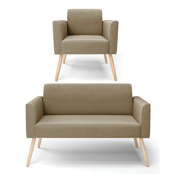 Kit 01 Namoradeira 02 Lugares e 01 Poltrona Marisa Suede Marrom Rato Pés Palito Natural D'Rossi