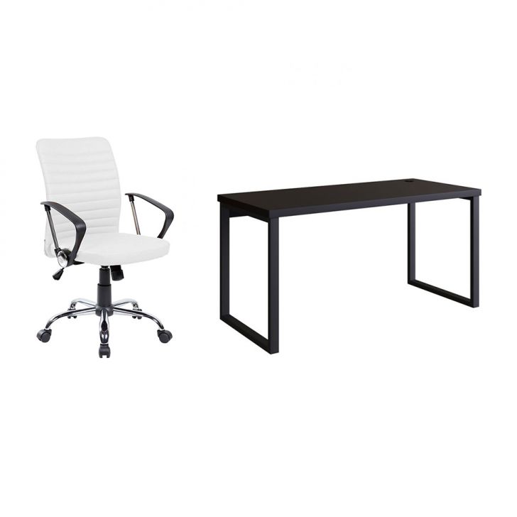 Conjunto de Mesa Miguel Preta 150 cm com Cadeira de Escritório Diretor Giratória Oslo Branca