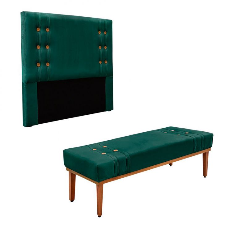 Conjunto de Cabeceira Casal com Recamier Gênova Veludo Verde
