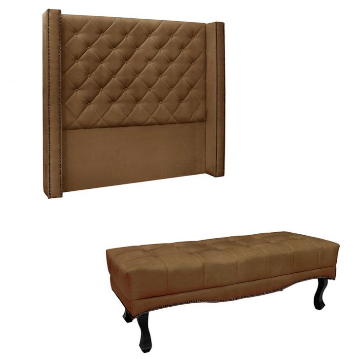 Conjunto de Cabeceira Solteiro com Recamier Vicenza Suede Caramelo