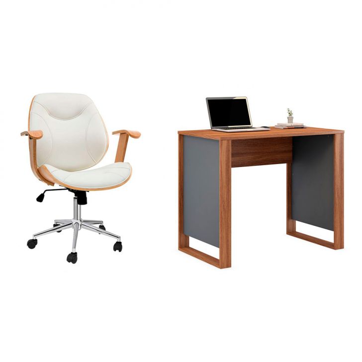 Conjunto de Mesa Morada Amendola e Grafito com Cadeira de Escritório Diretor Giratória Antonella Branca