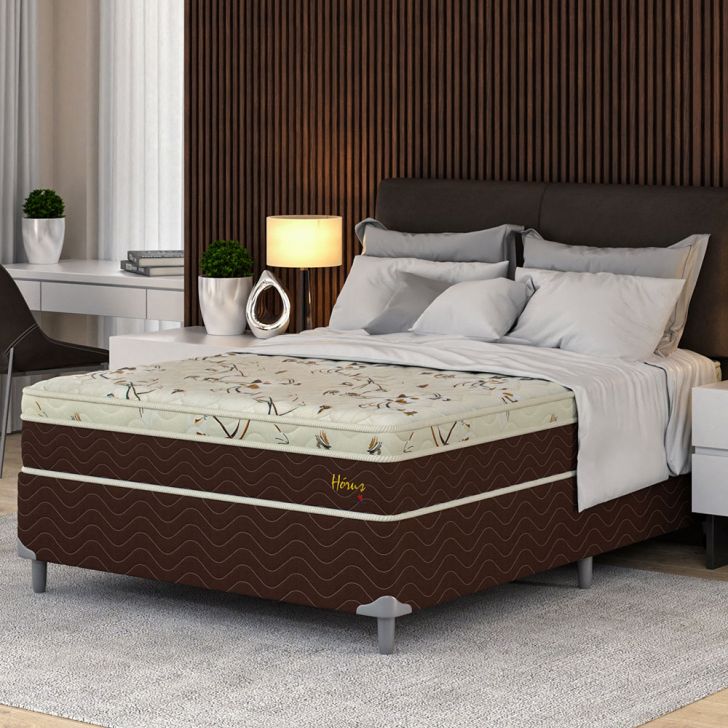 Cama Box Casal Com Colchão Hórus (63x138x188) Bege E Marrom