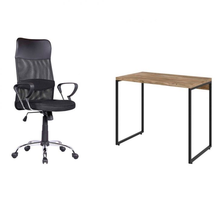 Conjunto de Mesa Studio Carvalho com Cadeira de Escritório Diretor Giratória Vancouver Preta
