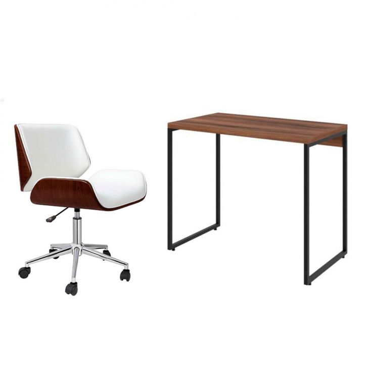 Conjunto de Mesa Studio Nogal com Cadeira de Escritório Diretor Giratória Lauren Branca