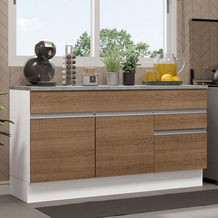 Balcão Gabinete de Pia Armário de Cozinha 150 cm 2 Gavetas 2 Portas (Com Tampo) Branco/Rustic Glamy Madesa