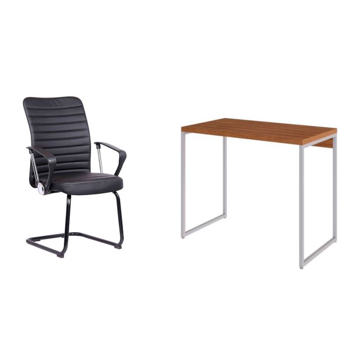 Conjunto de Mesa Studio Mel e Branca com Cadeira de Escritório Interlocutor Fixa Oslo Preta