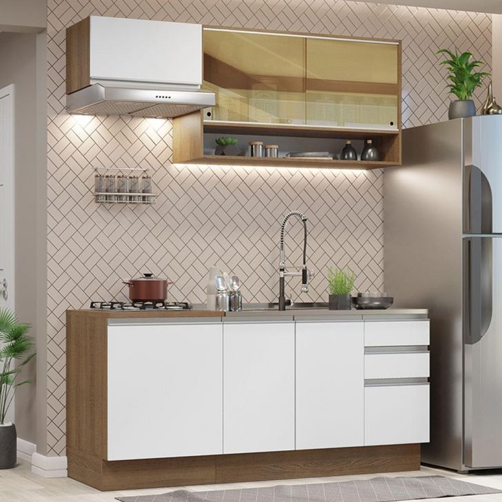 Cozinha Completa Madesa Glamy 180008 com Armário e Balcão (Sem Tampo e Pia) - Rustic/Branco