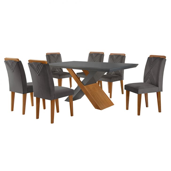 Conjunto De Mesa De Jantar Retangular Com Tampo De Vidro Genova E 6 Cadeiras Itália Veludo Grafite E Imbuia