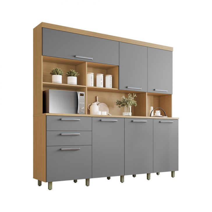 Cozinha Compacta Nobreza 100% MDF 7 Portas 2 Gavetas Carvalho e Titânio