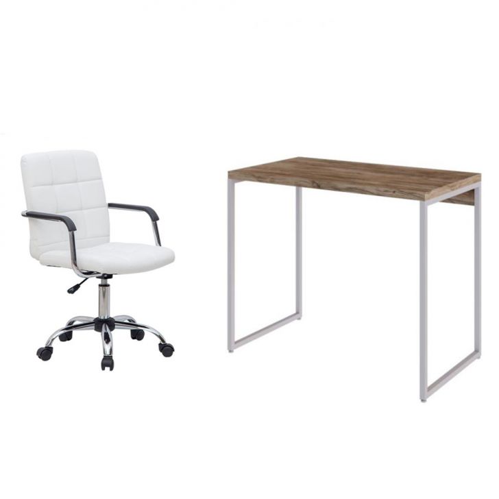 Conjunto de Mesa Studio Carvalho e Branca com Cadeira de Escritório Secretária Giratória Fitz Branca