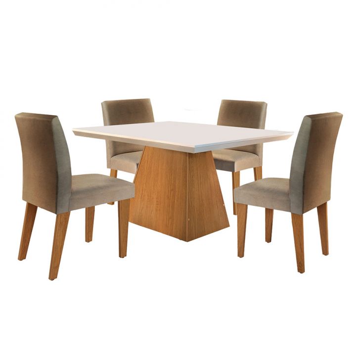 Conjunto De Mesa De Jantar Com Tampo Off White Luna E 4 Cadeiras Grécia Linho Bege E Imbuia