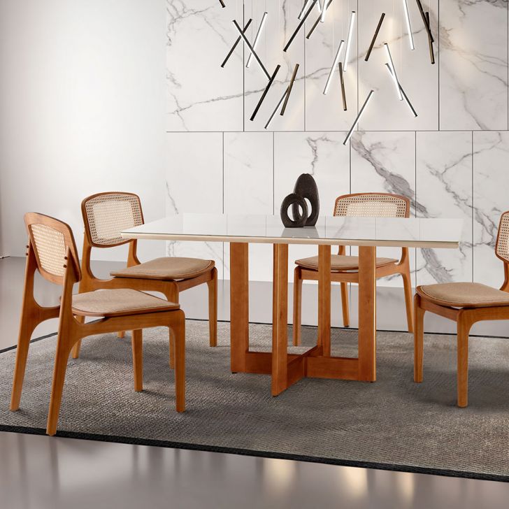Image of Conjunto De Mesa De Jantar Retangular Com Tampo De Vidro Off White Talia E 4 Cadeiras Prada Premium Linho Palha E Imbuia PLA-MO895TA33VNMMOB