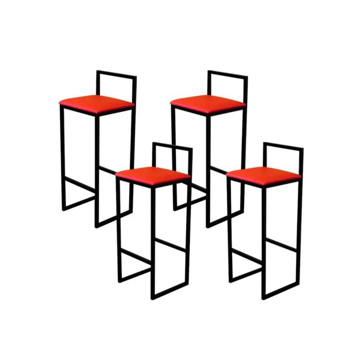Kit 4 Banqueta Alta Cozinha Bar Balcão Bistrô Industrial Preta Assento Estofado Vermelho