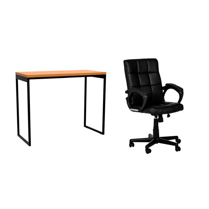 Conjunto de Mesa Stanford Carvalho com Cadeira de Escritório Diretor Giratória Charles Preta