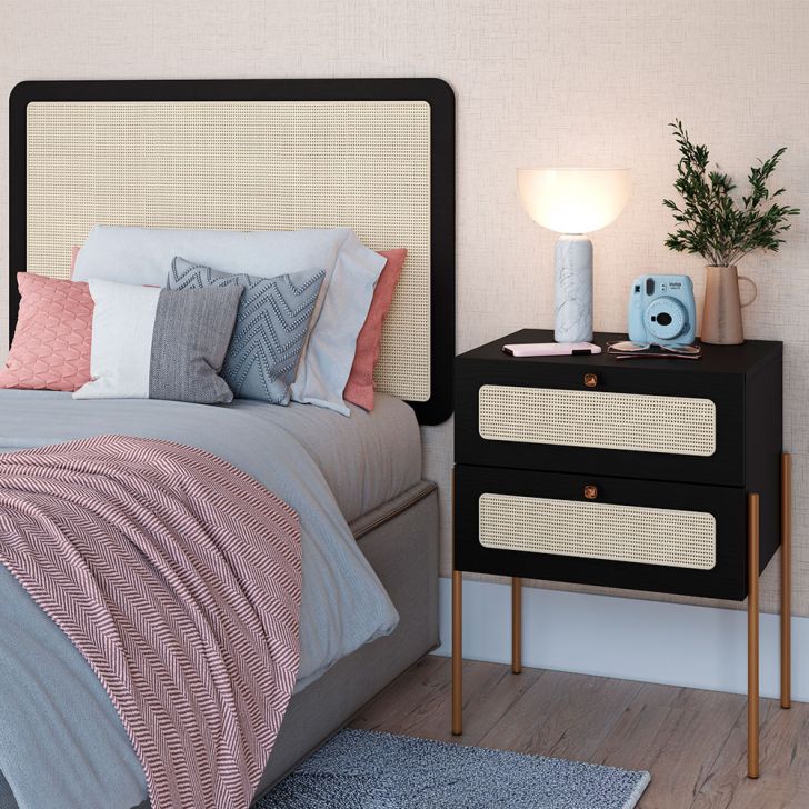 Conjunto de Cabeceira Solteiro com Mesa de Apoio Oslo 2 GV Preto e Dourado