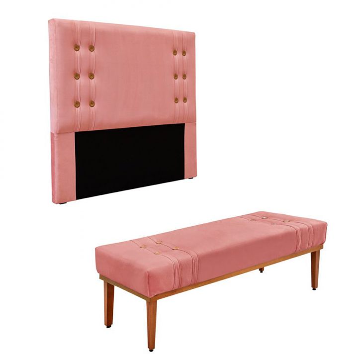 Conjunto de Cabeceira Queen com Recamier Gênova Veludo Rosa