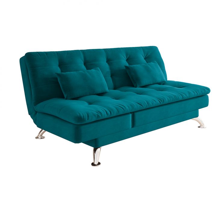 Sofá-Cama Casal 3 Lugares Amanda Suede com Almofadas Turquesa