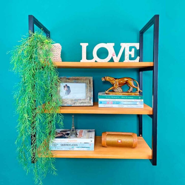 Prateleira Decorativa de Parede de Ferro e Madeira Industrial Style Slim Carvalho e Preto