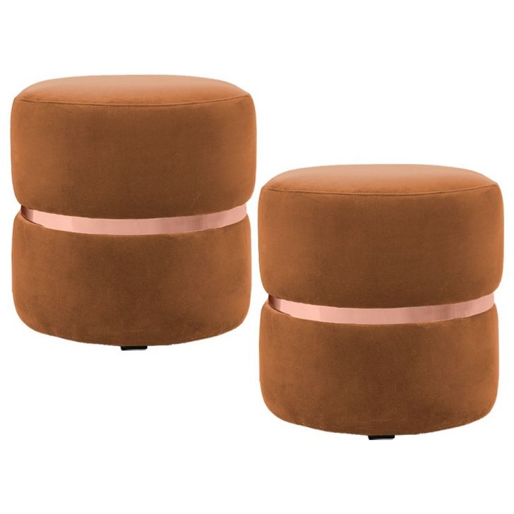 Kit 2 Puffs Decorativos Com Cinto Rosê Round B-262 Veludo Laranja - Domi