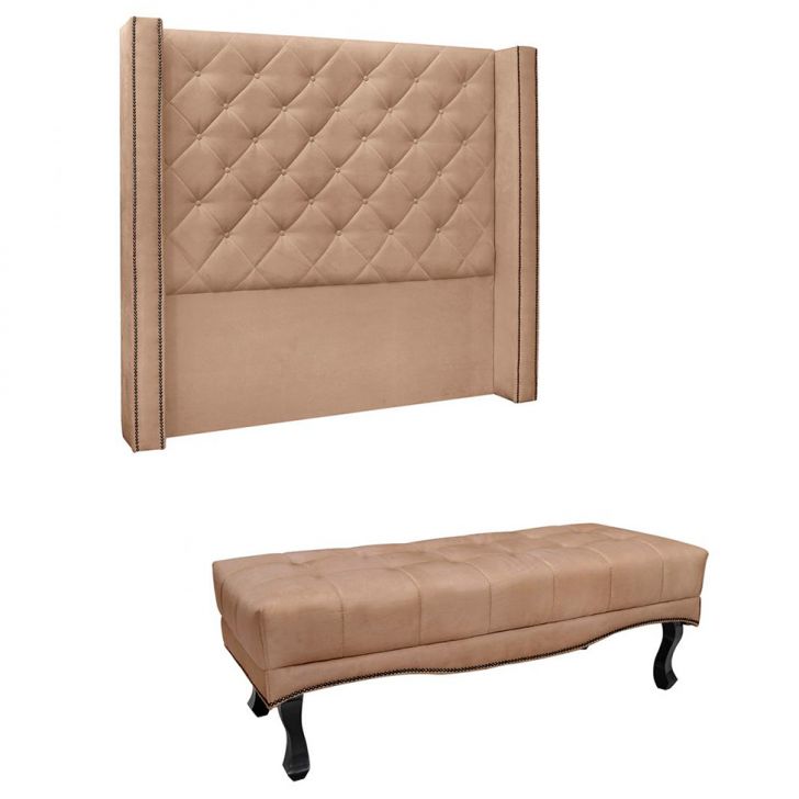 Conjunto de Cabeceira Queen com Recamier Vicenza Suede Bege