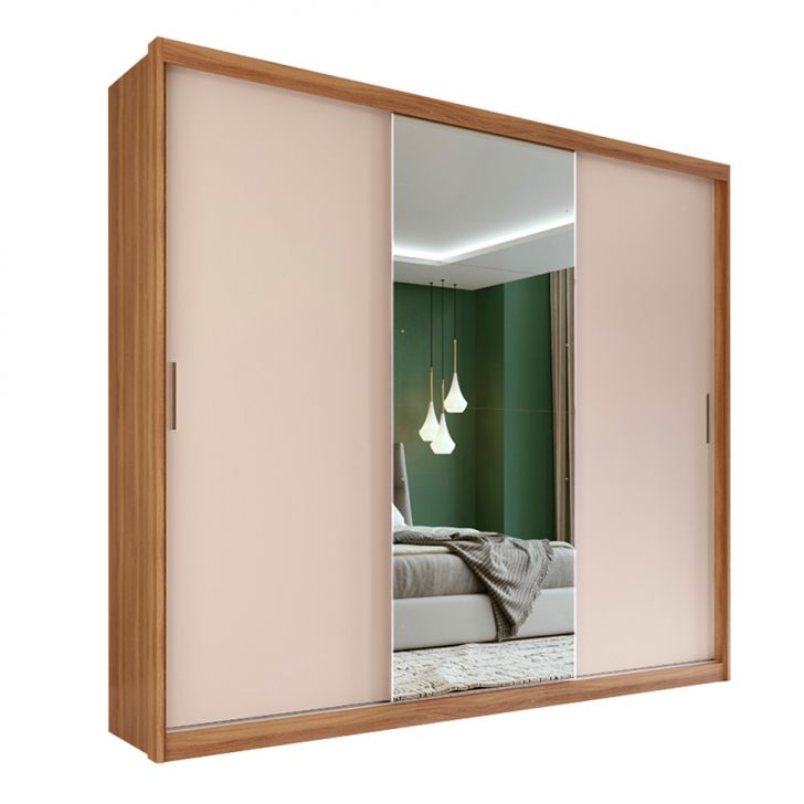 Guarda-roupa Casal Com Espelho Dalila Flex Com Prateleiras 3 Portas 4 Gavetas Amêndola E Off White