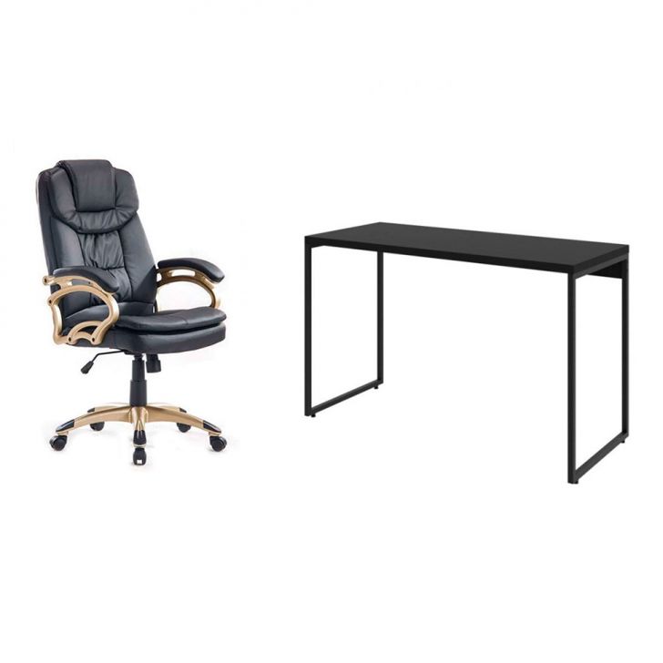 Conjunto de Mesa Studio 120 cm com Cadeira de Escritório Presidente Giratória com Relax Clark Preta e Dourada