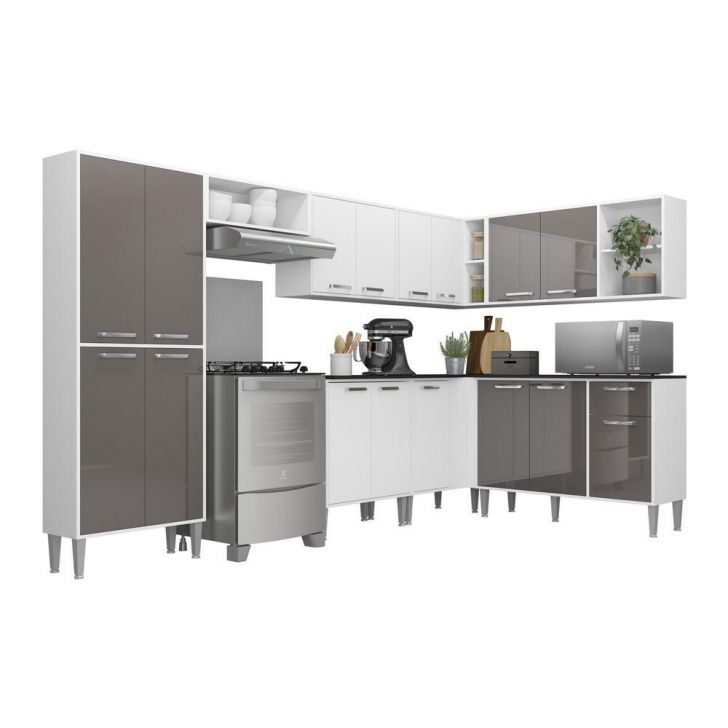 Cozinha Completa Multimóveis Xangai Soul FG3284 com Armário e Balcão Branca/Lacca Fumê