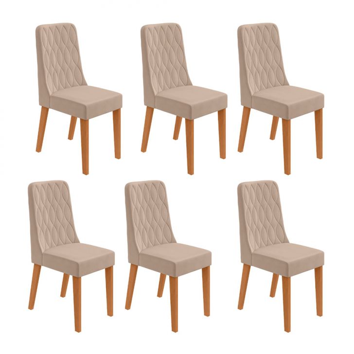 Conjunto com 6 Cadeiras Luar Veludo Creme e Amêndoa