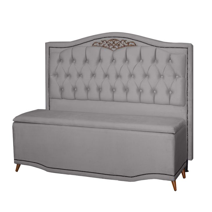 Kit Cabeceira e Calçadeira Baú Maitê Casal 140cm Veludo Cinza - Montanaris Decor