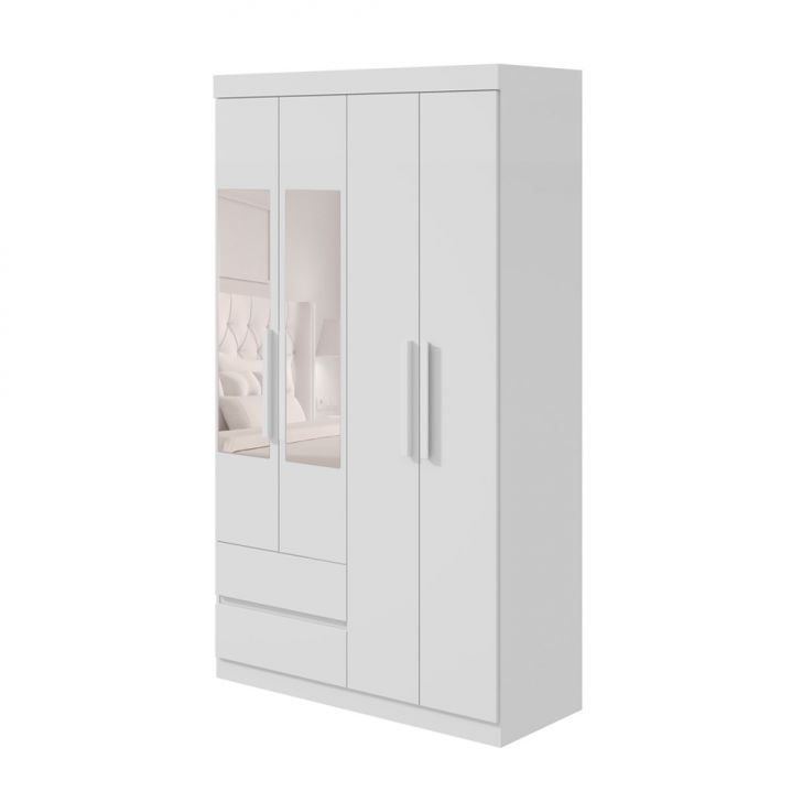 Guarda-roupa Casal Com Espelho Zeus Sem Pés 4 Portas 2 Gavetas Branco