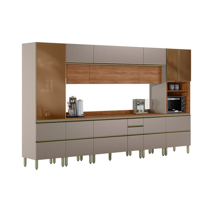 Cozinha Completa com Vidro Reflecta Proença 12 Portas 10 Gavetas Bege e Nogueira