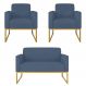 Kit Namoradeira e 2 Poltronas Decorativas Base Industrial Dourada Maressa S04 Suede Azul Marinho - Ibiza