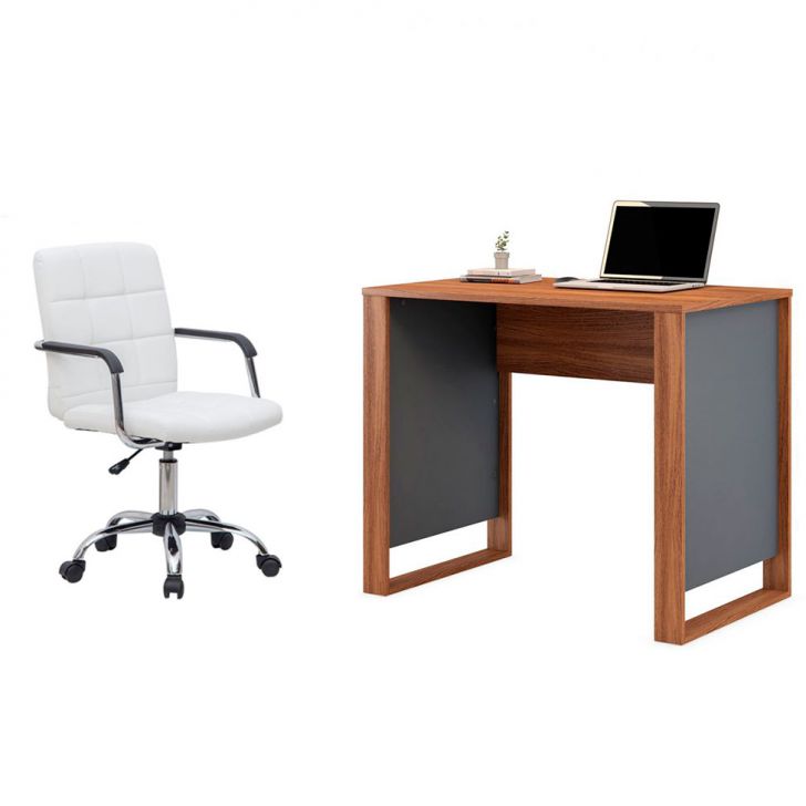 Conjunto de Mesa Morada Amendola e Grafito com Cadeira de Escritório Secretária Giratória Fitz Branca