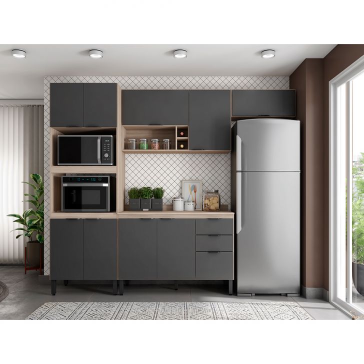 Cozinha Compacta Firenze 10 Portas 2 Gavetas Avena e Grafito