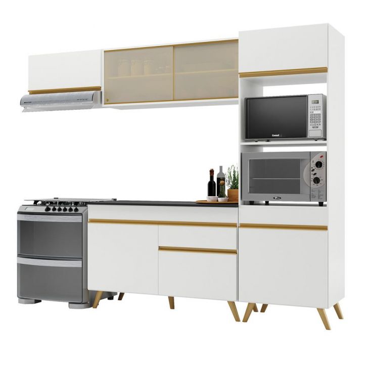 Armário de Cozinha Compacta 252cm Veneza Multimóveis V3691 Branco/Dourado