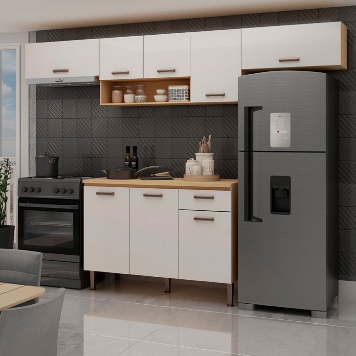 Cozinha Compacta Essência 100% MDF 8 Portas 1 Gaveta Freijó e Off White 260 cm