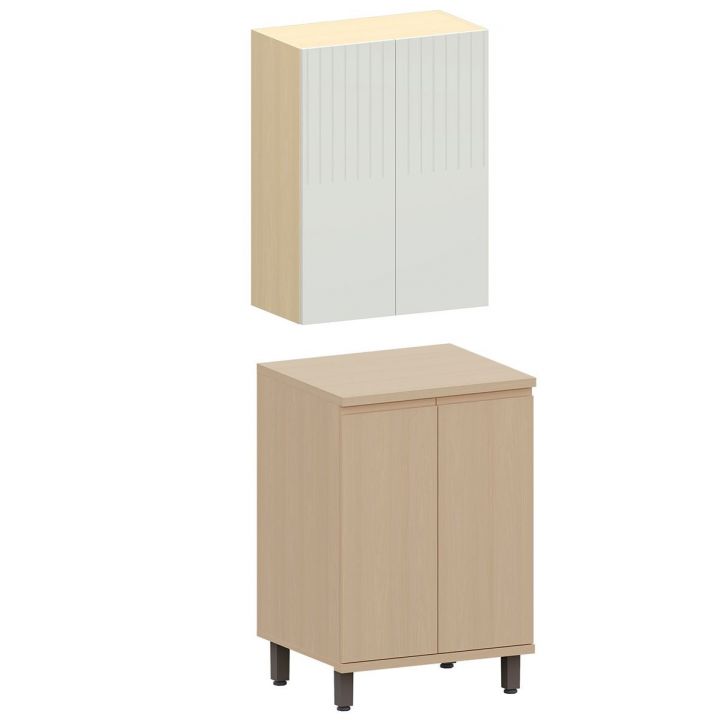 Kit Armário Aéreo e Balcão 2 Portas 60 cm Aurora Cinza Cristal Pet/Carvalho