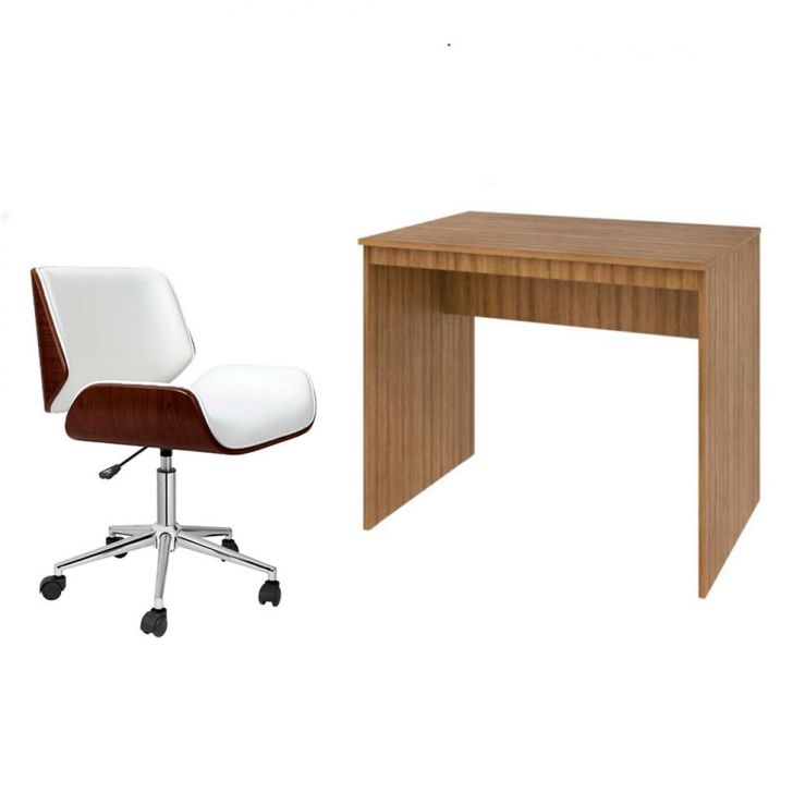 Conjunto de Mesa Office Mel com Cadeira de Escritório Diretor Giratória Lauren Branca