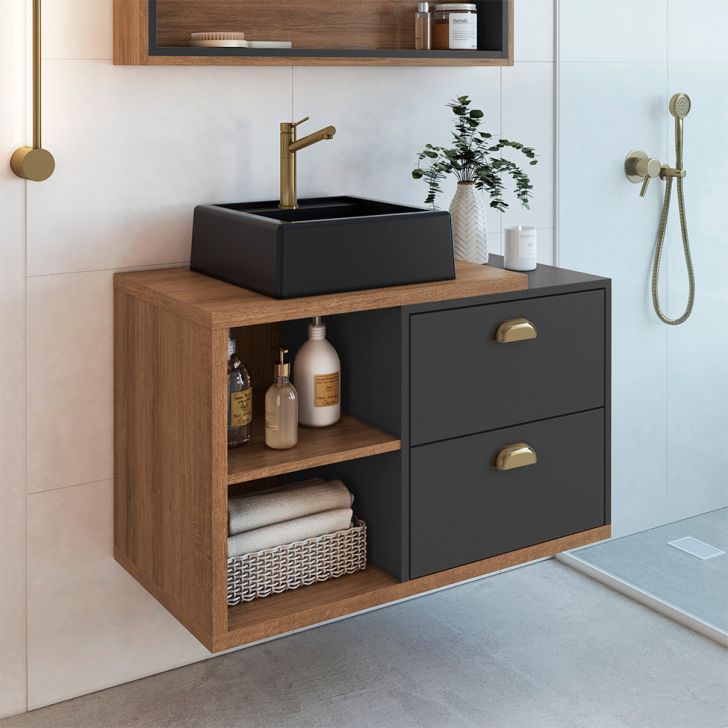 Gabinete De Banheiro Com Cuba Preta Helena 2 Gavetas Mel E Grafite